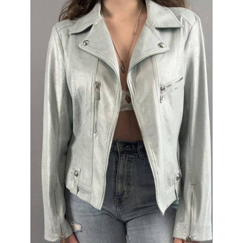 Insight Moto Jacket Womens 8 Champagne Metallic Faux Suede Asymmetrical Zip‎